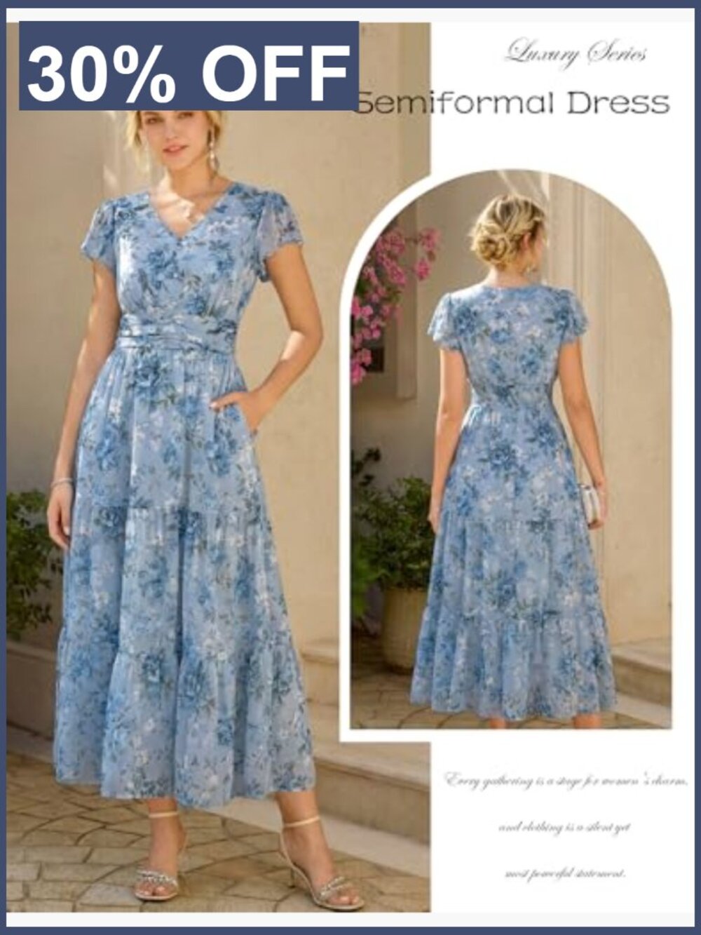 Semi Formal Maxi Dress with Pockets Floral V-Neck Ruffle Sleeve Flowy - Picture 2 of 7